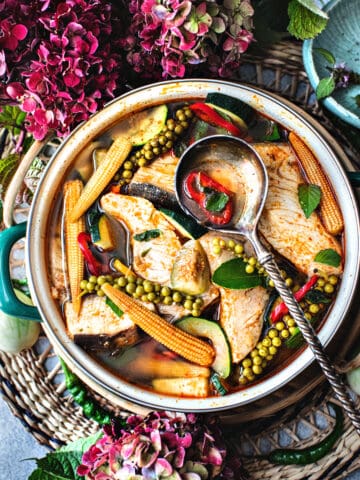 Thai Jungle curry in a serving bowl on the table.