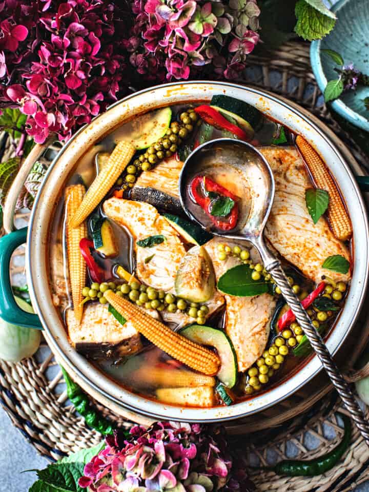 Thai Jungle curry in a serving bowl on the table.