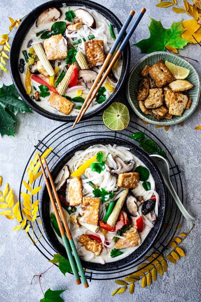 Vegan noodle Chicken Tom Kha in 2 different bowls on the table.