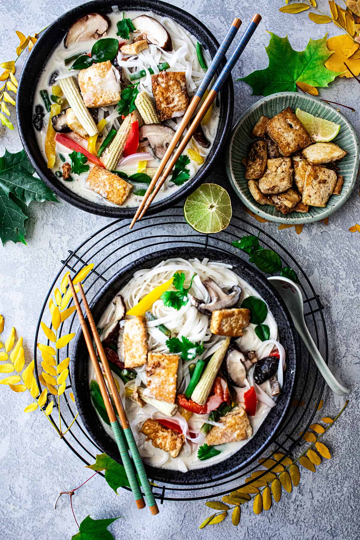 Tom Kha soup veg on two black bowls. 