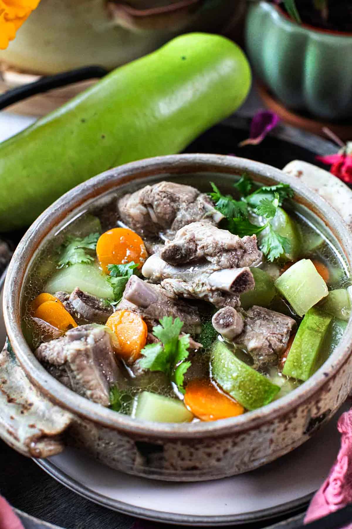 Winter melon soup with pork ribs in a bowl.