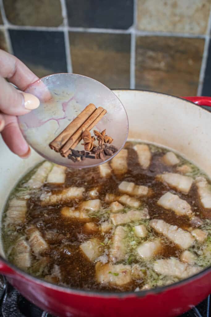 Spices pouring into a pot of pork stew. 