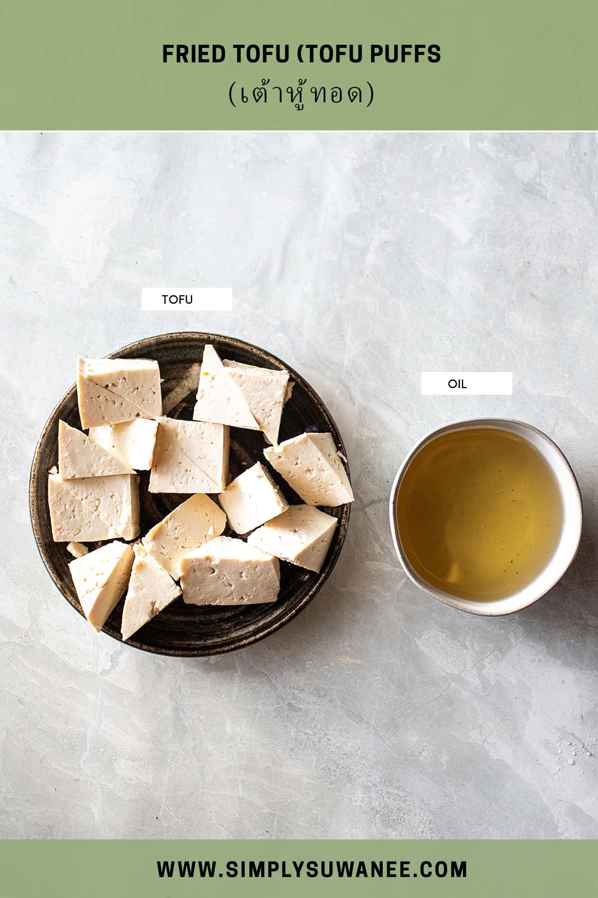 TOfu and oil on the table. 