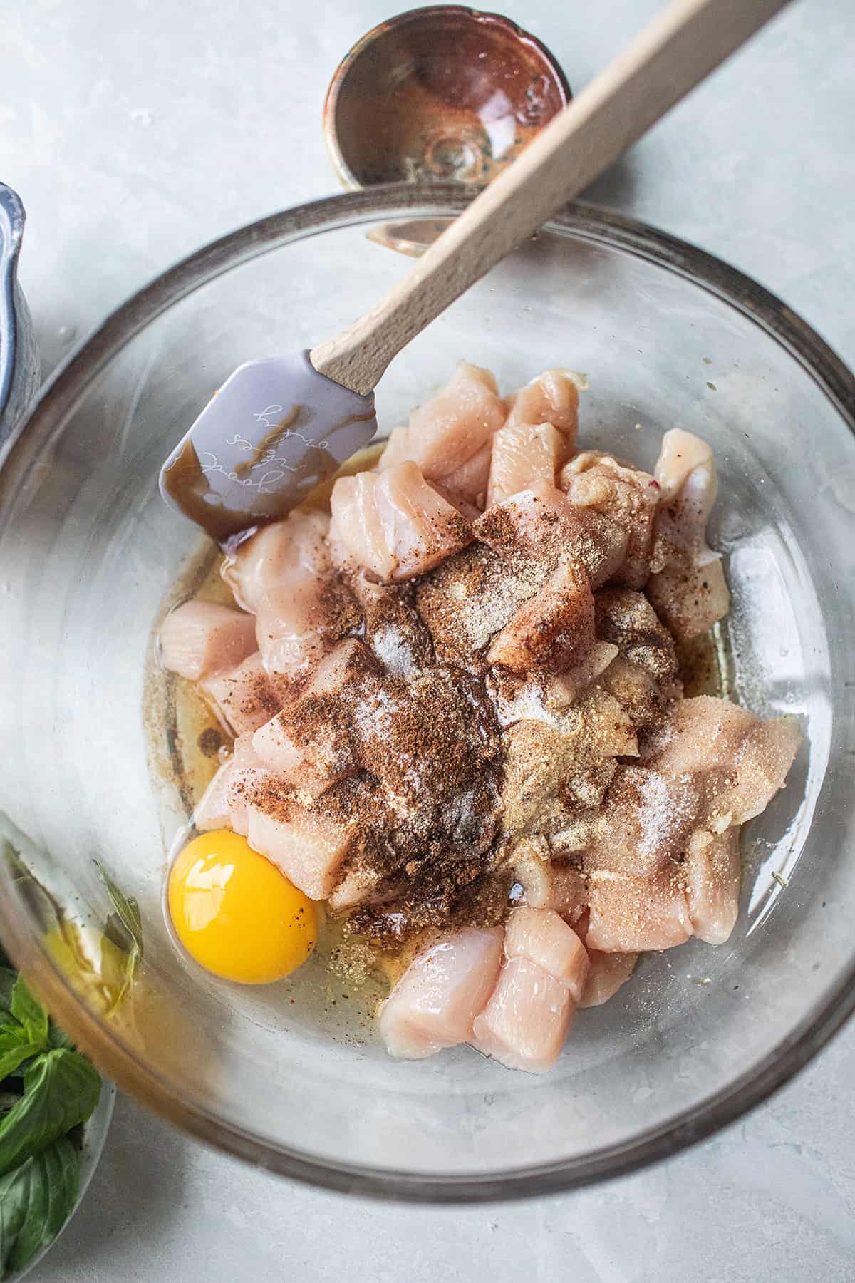 Chicken pieces with eggs and s. for mixing bowl.