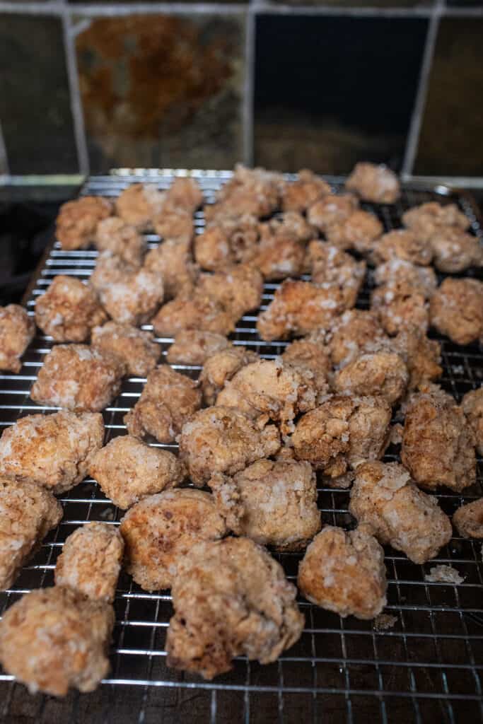 Taiwanese fried chicken on a rack. 
