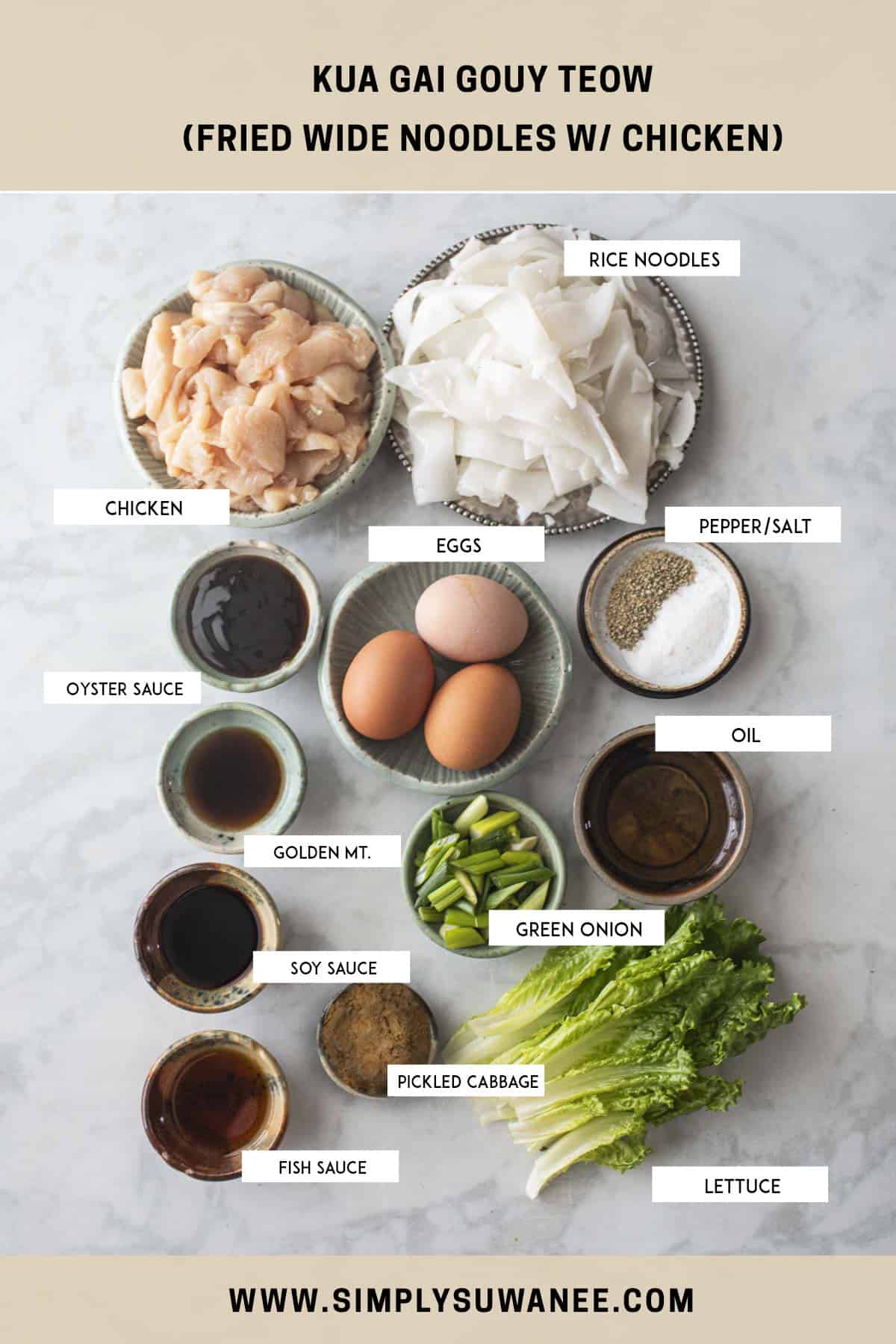 Ingredients for Kuay Tiew Kua Gai Thai rice noodles with chicken on the table. 