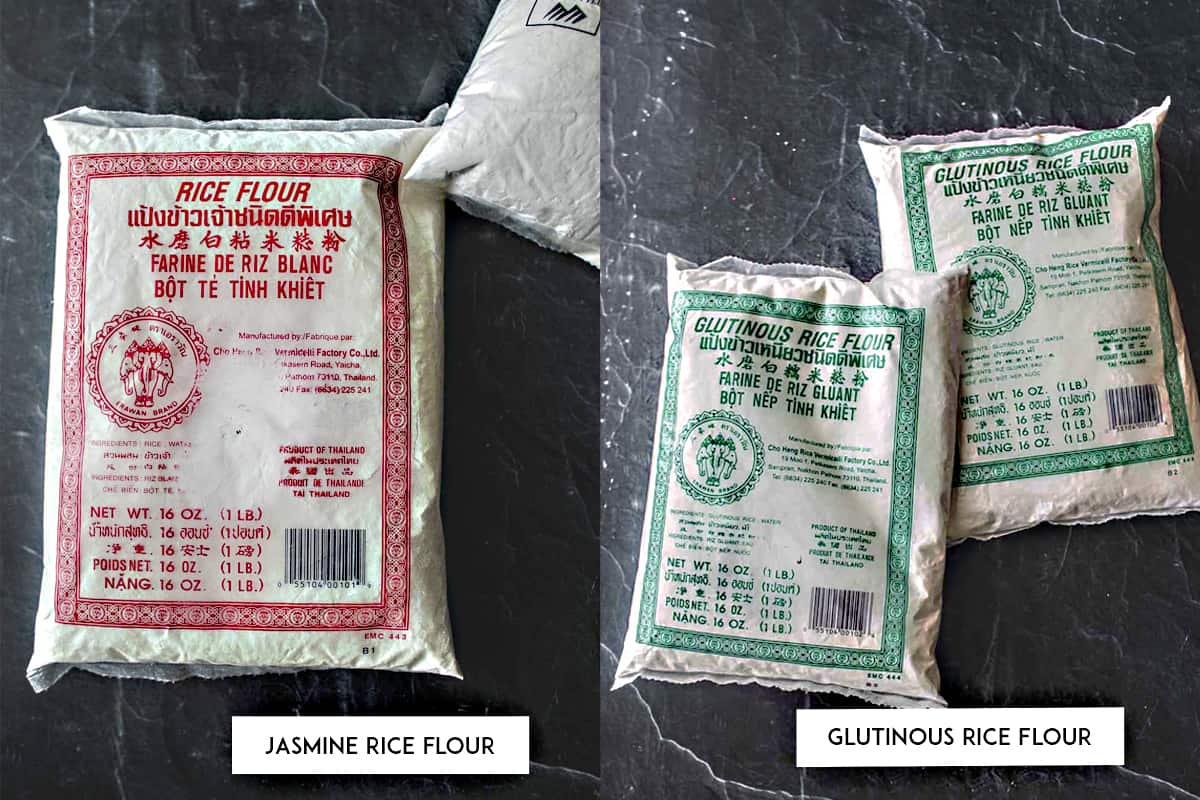 Jasmine and sticky rice flour picture with labels. 