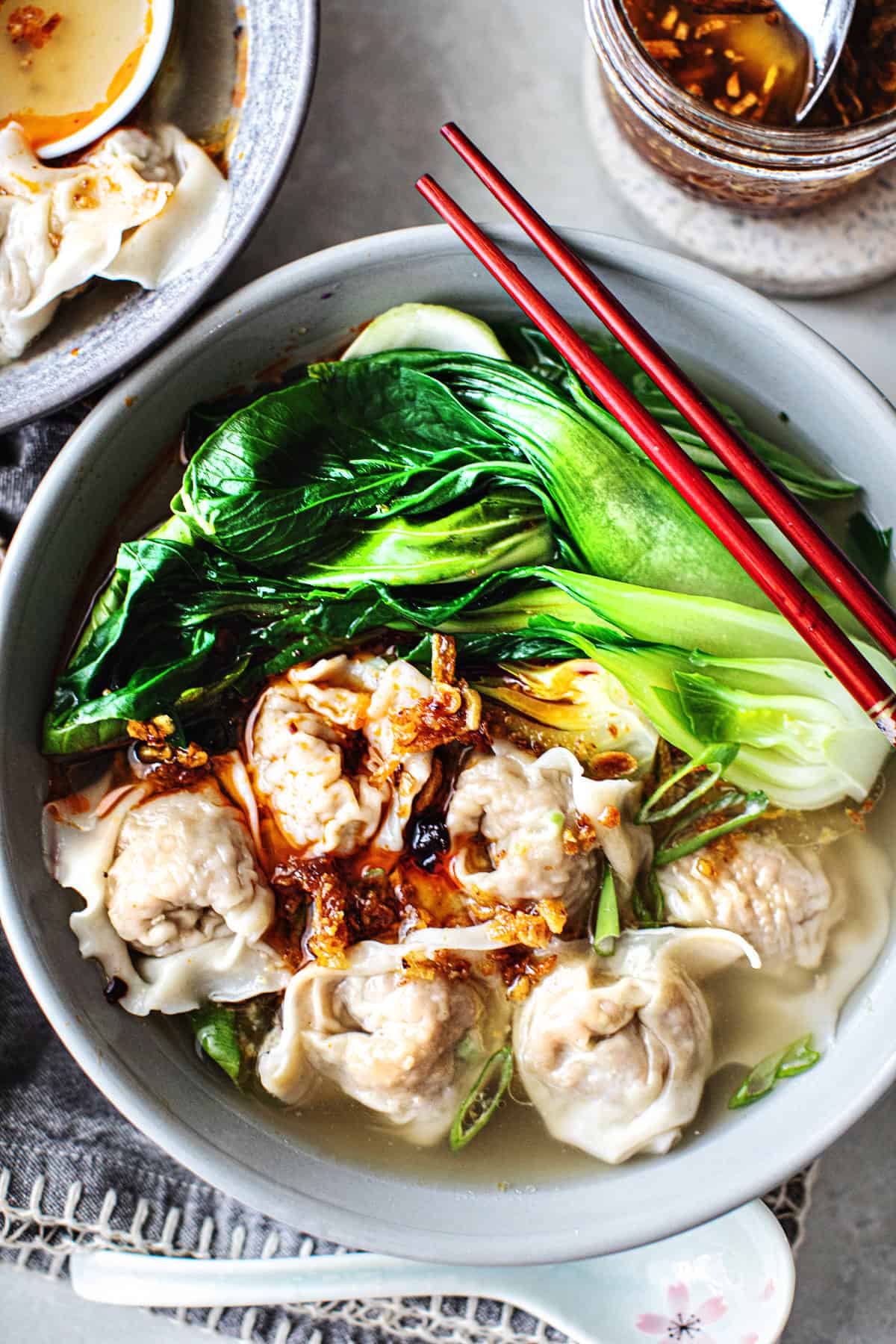 Thai Wonton Soup in a bowl with bok choy.