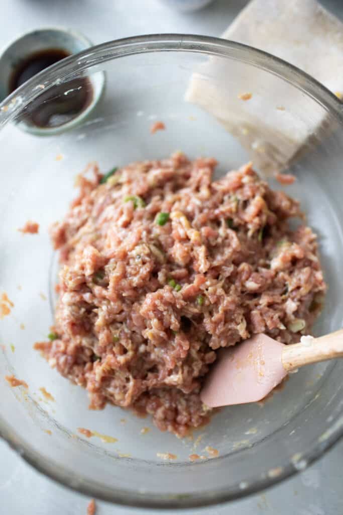 Ground pork mixture for pork wontons in a bowl. 