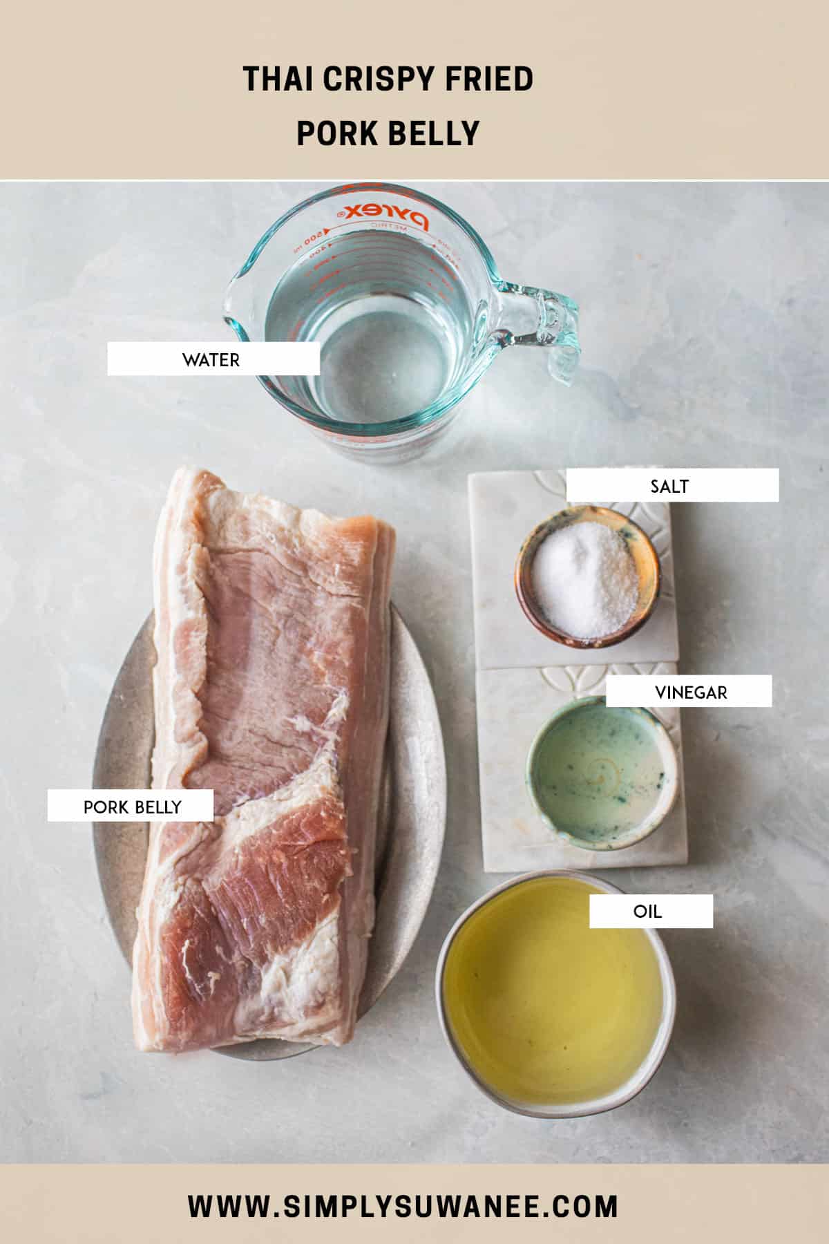 labeled Ingredients for thai pork belly on a table. 