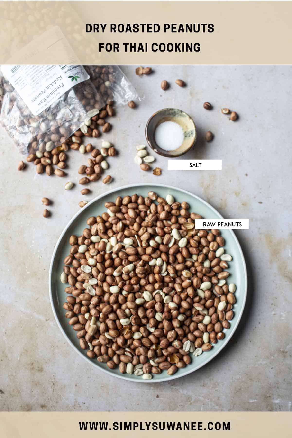 Salt and raw peanuts with labels for roasting.