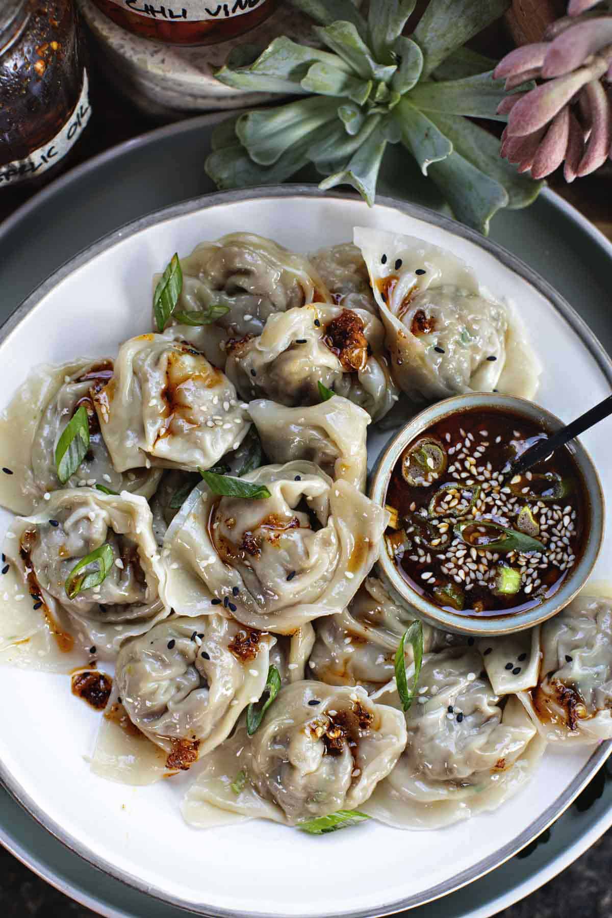 Thai pork and shrimp wontons with dipping sauce on a plate. 