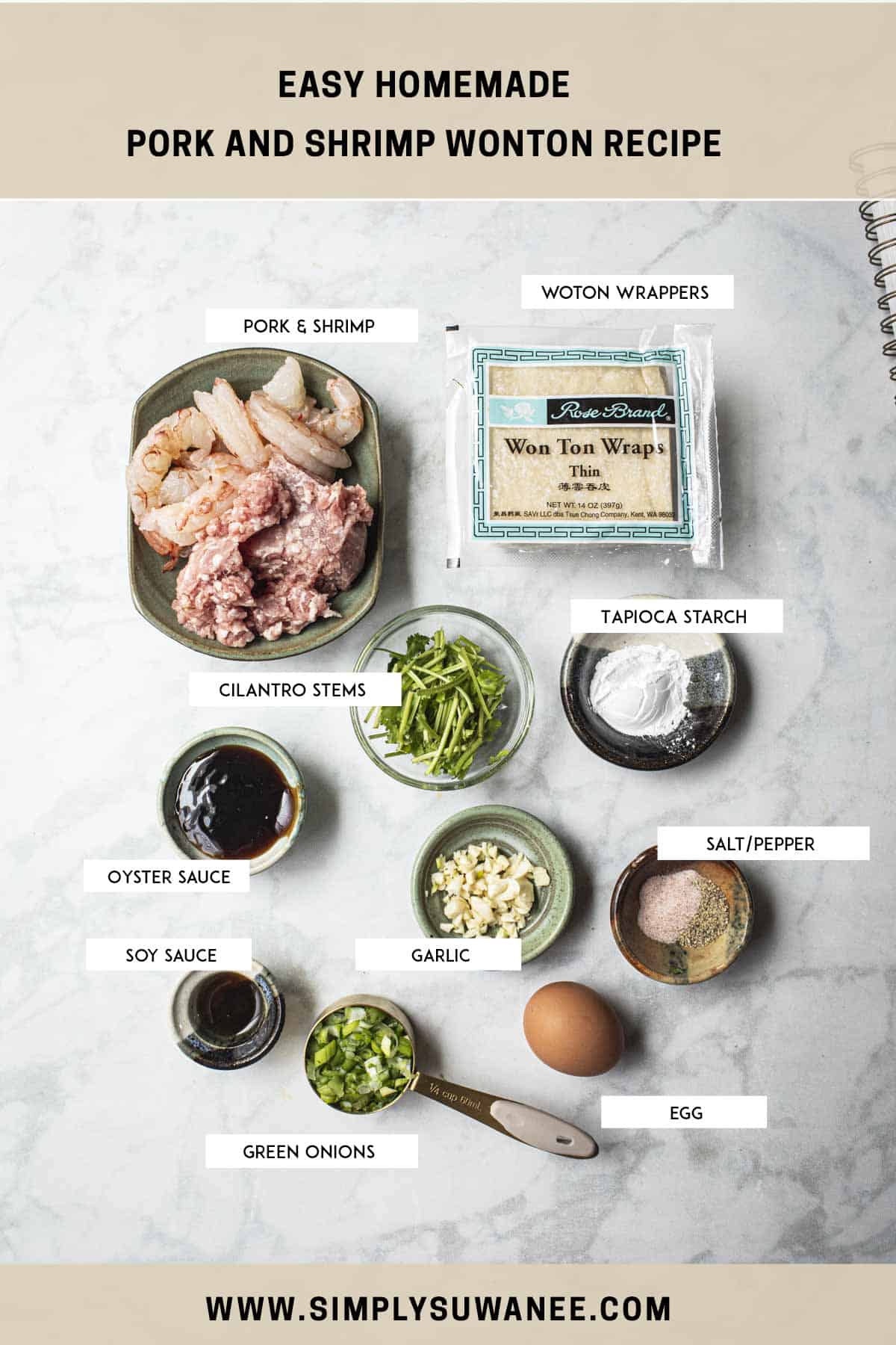 labeled Ingredients for wontons on a table. 