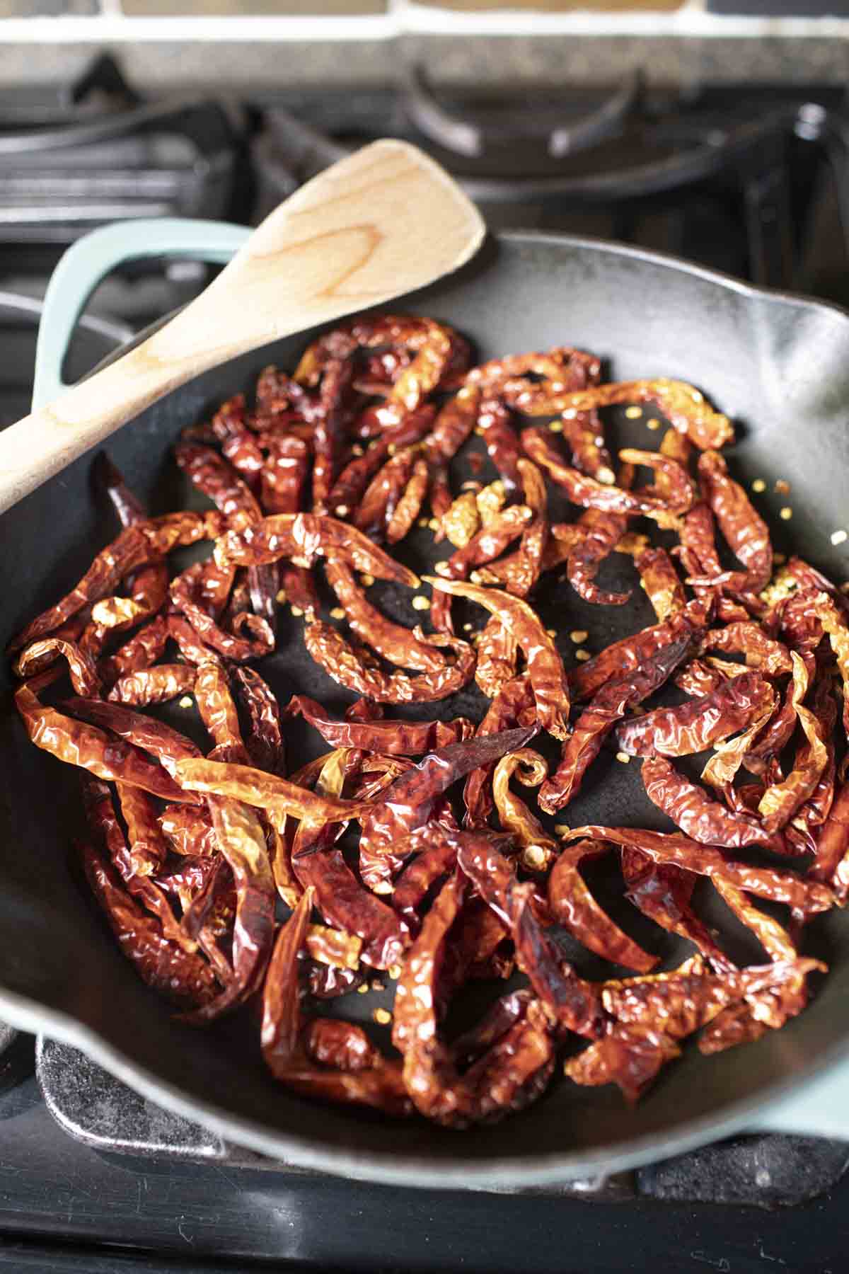 Thai pepper in a pan on the stave.