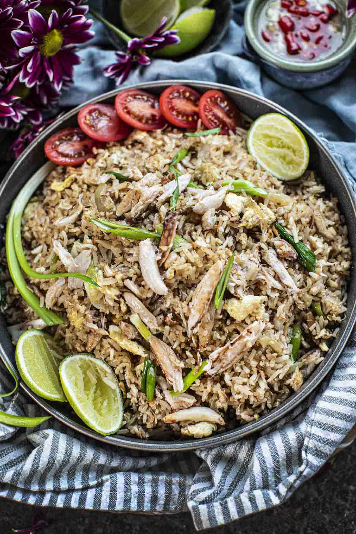 Thai crab fried rice in a platter.