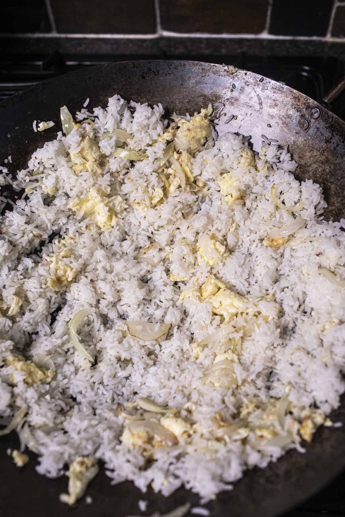 Thai fried rice in a wok. 