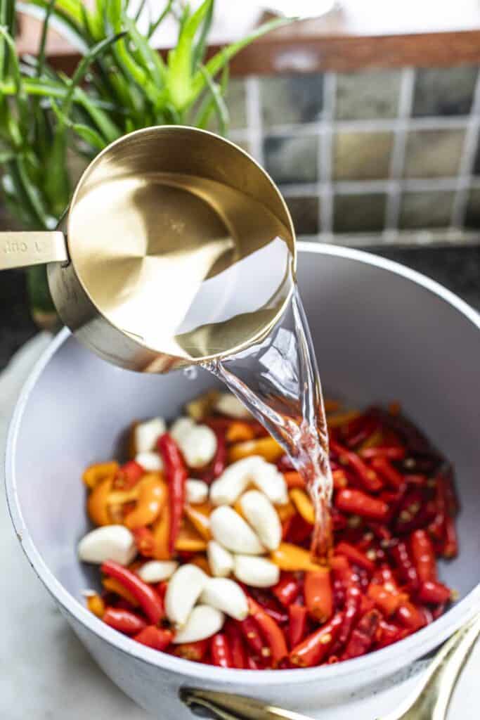 Water pouring into a pot with pepers and garlic. 