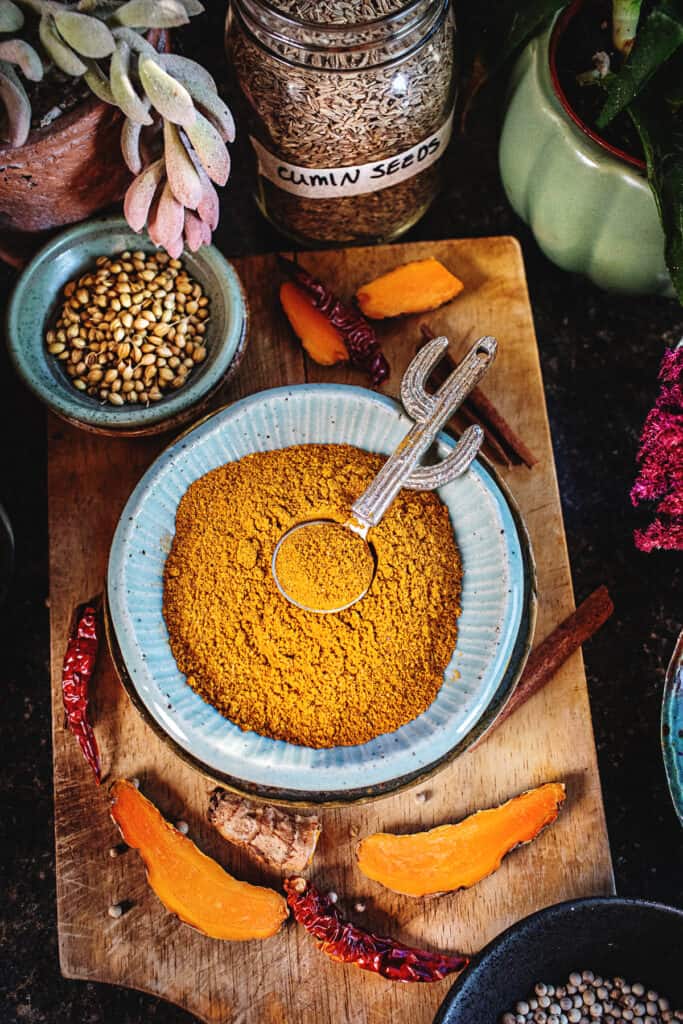 yellow curry powder in a small bowl with spices around it.