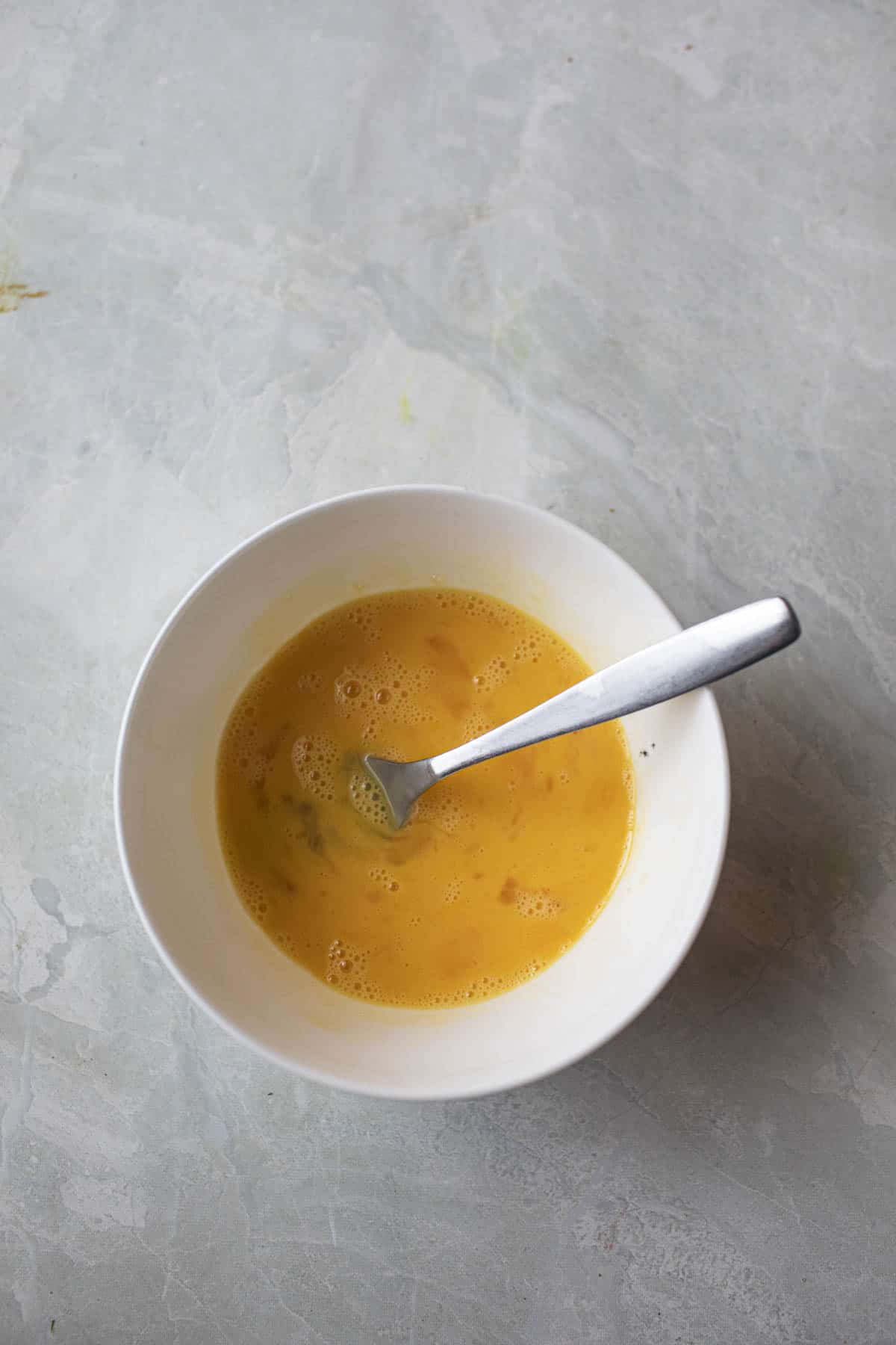 scrambled eggs in a bowl.