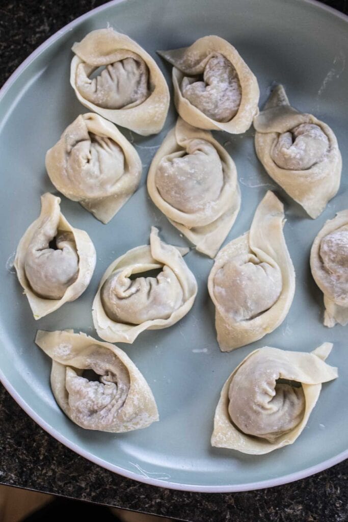 Boat shape wontons on a plate.