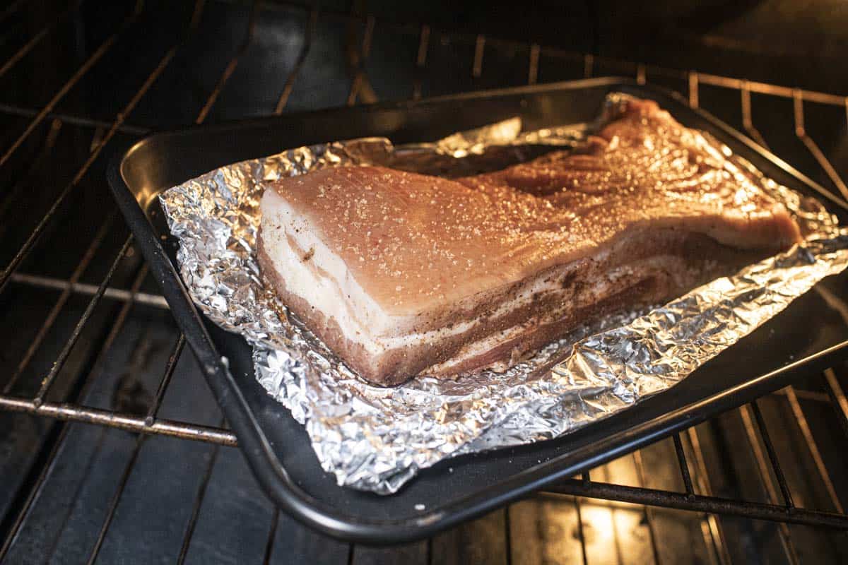 Asian Crispy pork belly in the oven. 