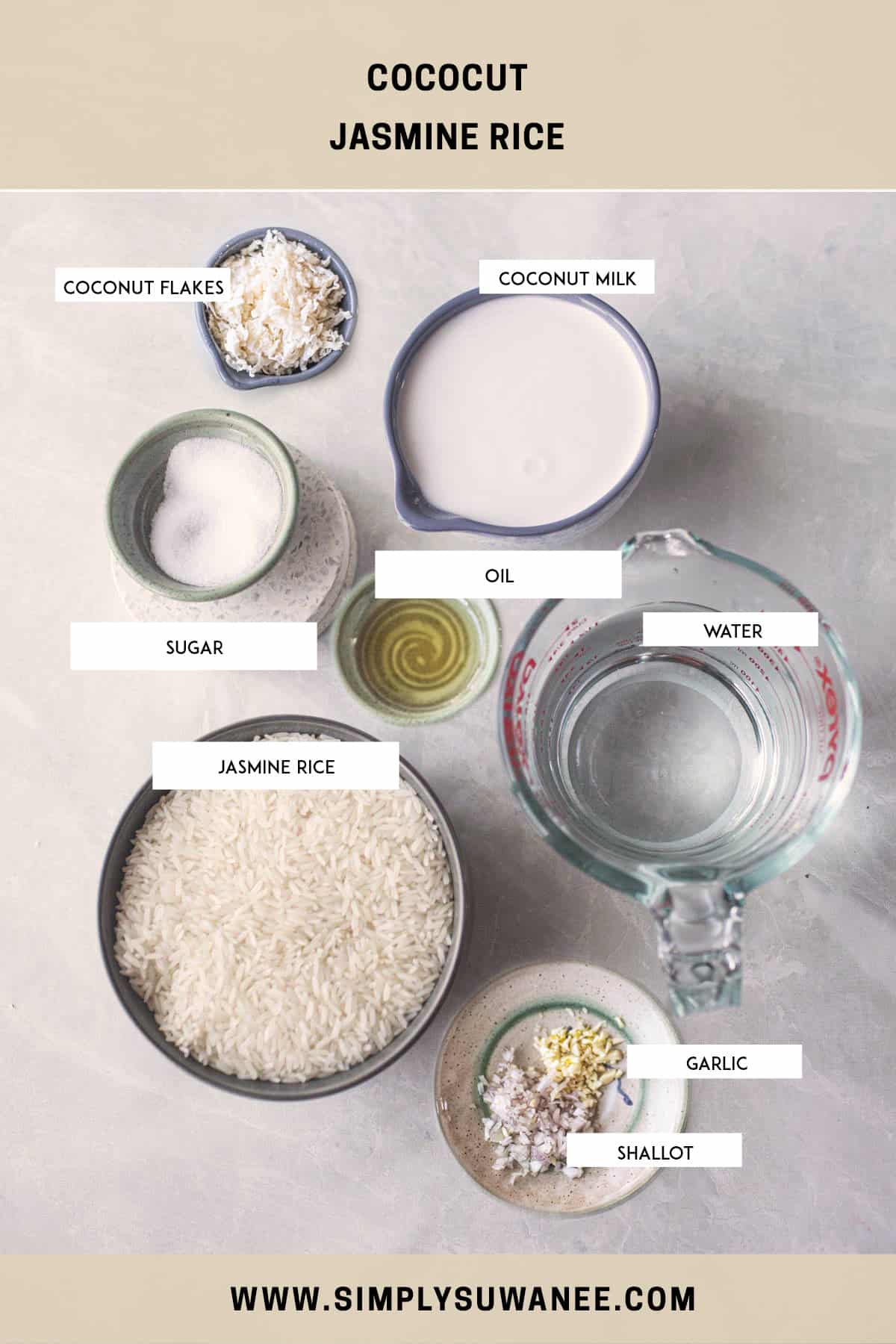 Labeled Ingredients for coconut rice. 