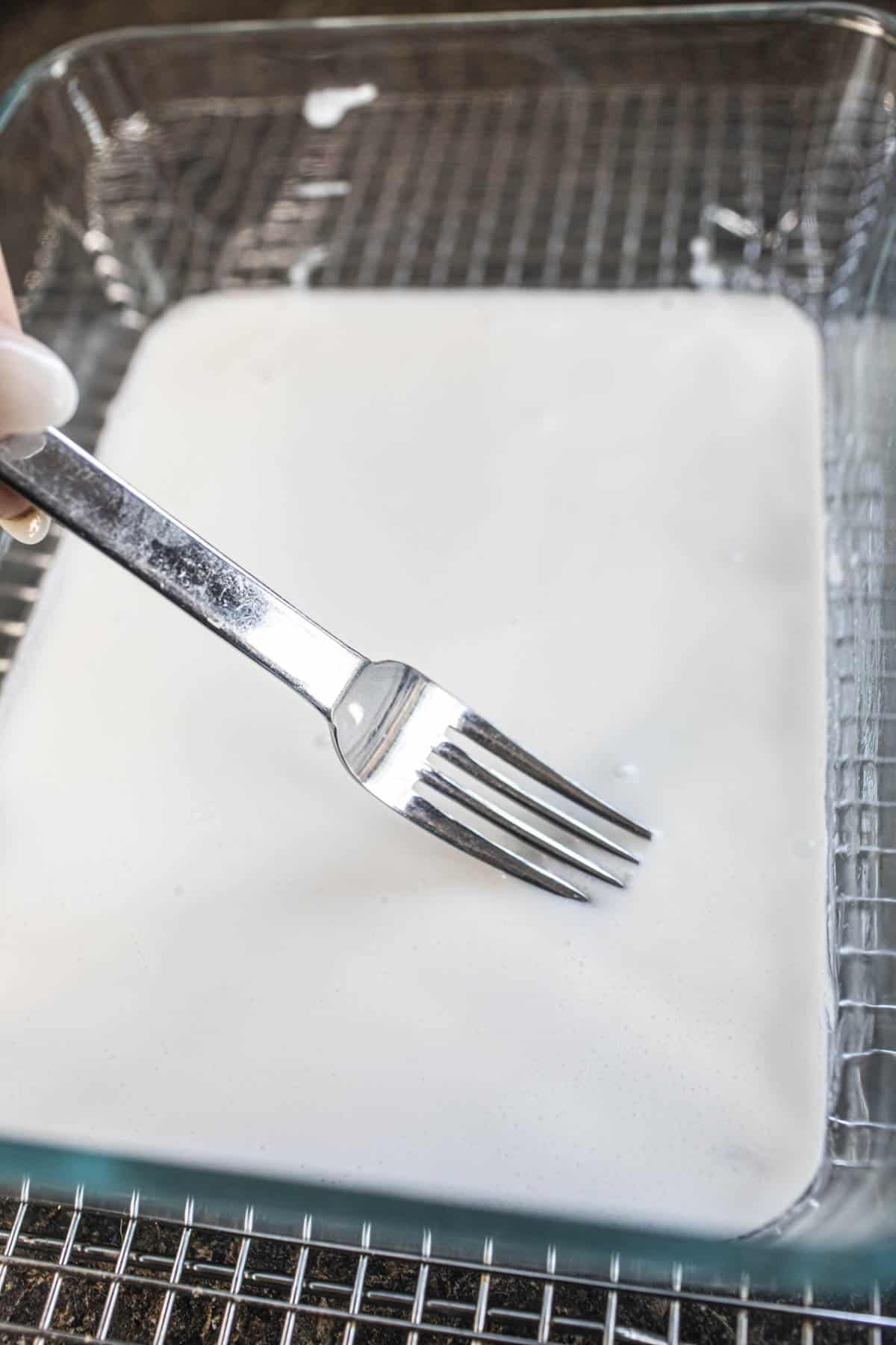 A fork over a pan with coconut jelly.