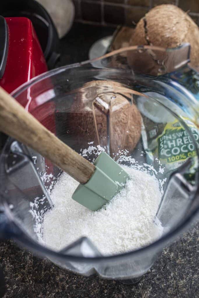 Coconut mixture in a food processor.