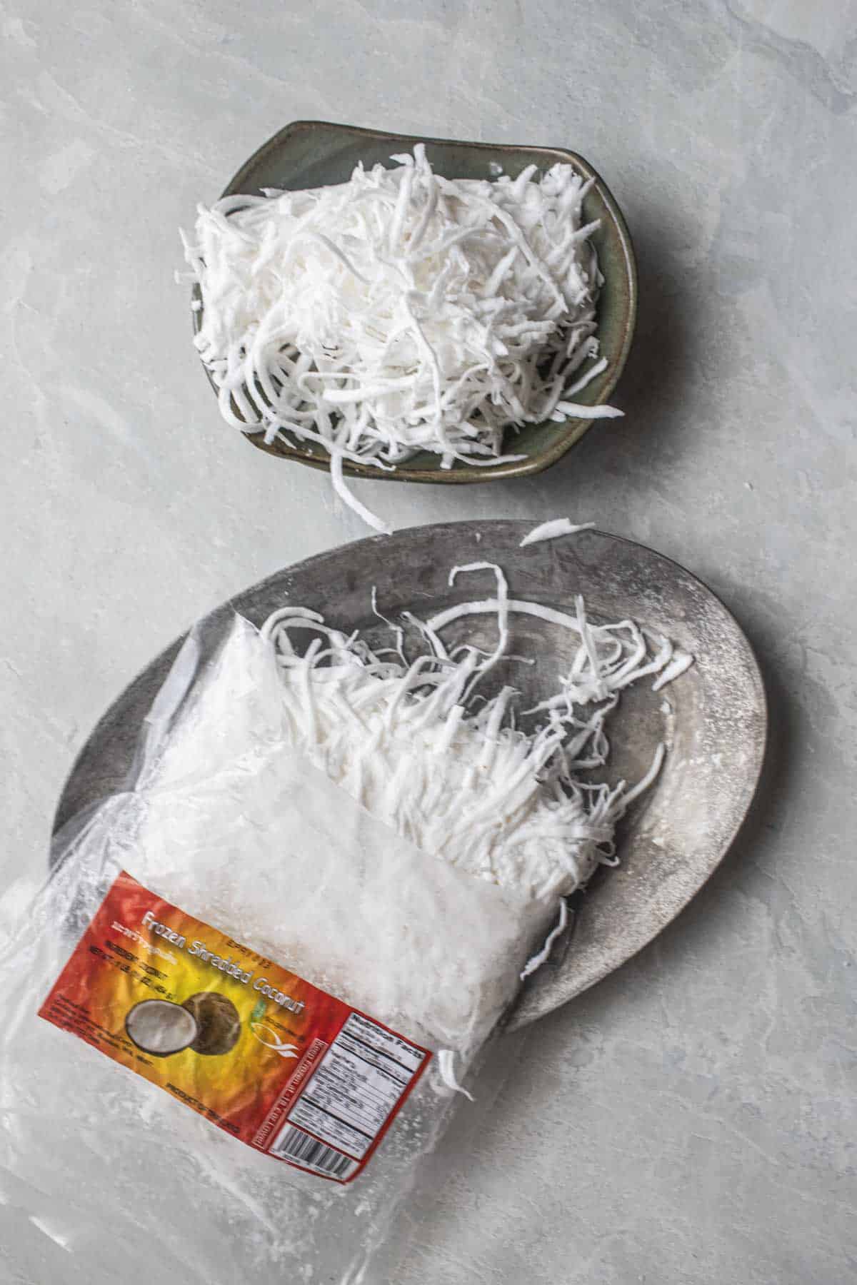 Frozen shredded coconut on a plate. 