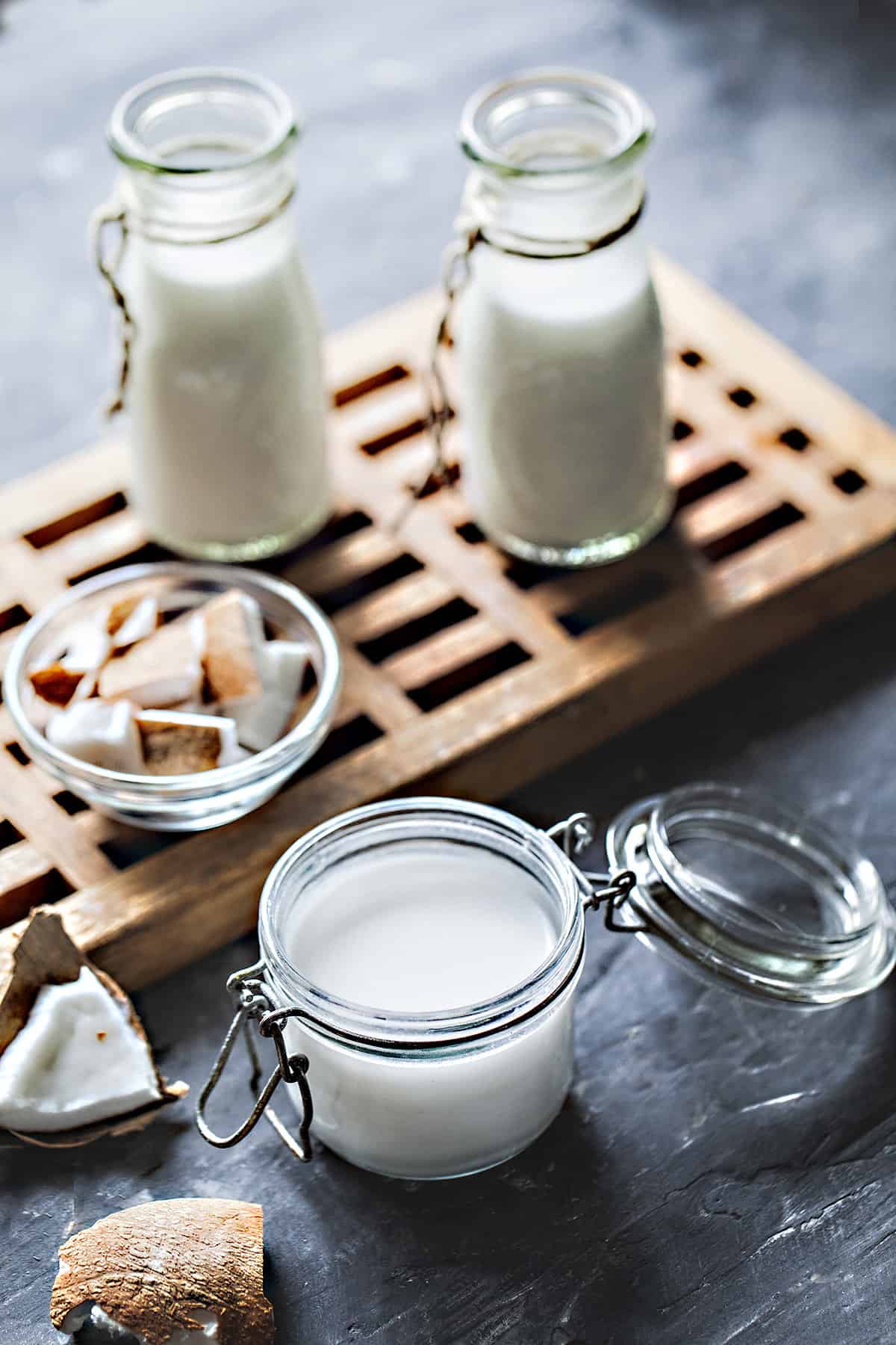 Coconut milk in glass containers.