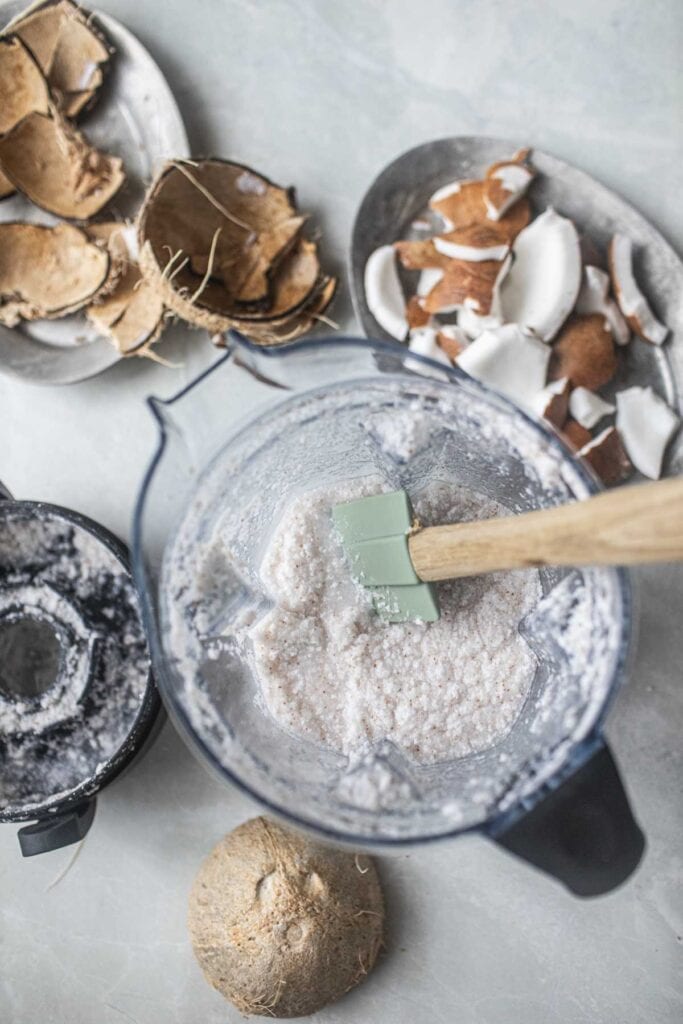 Coconut milk mixture in a food processor. 