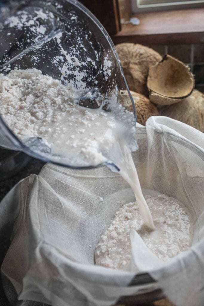 Coconut milk mixture pouring from food processor into a bowl. 