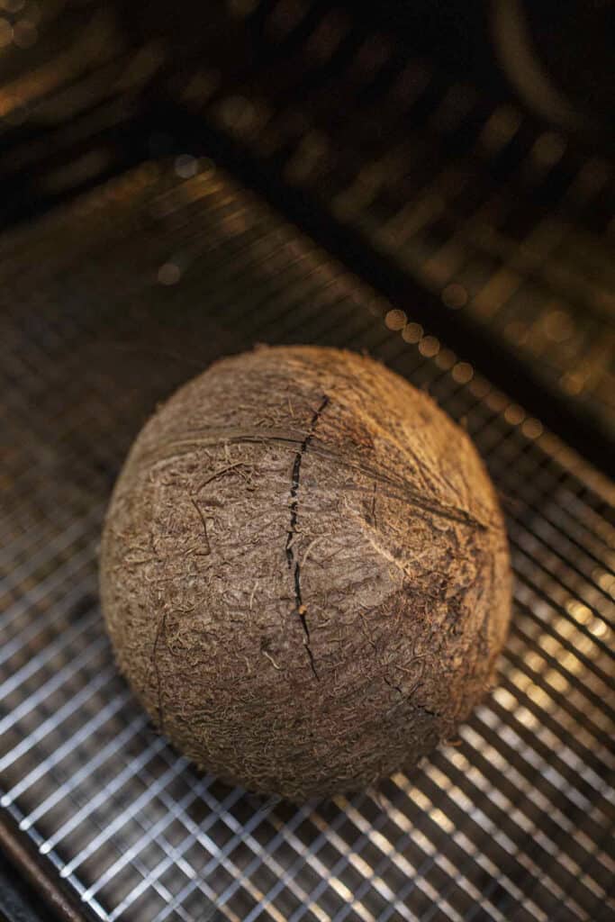 a cracked mature coconut in the oven. 