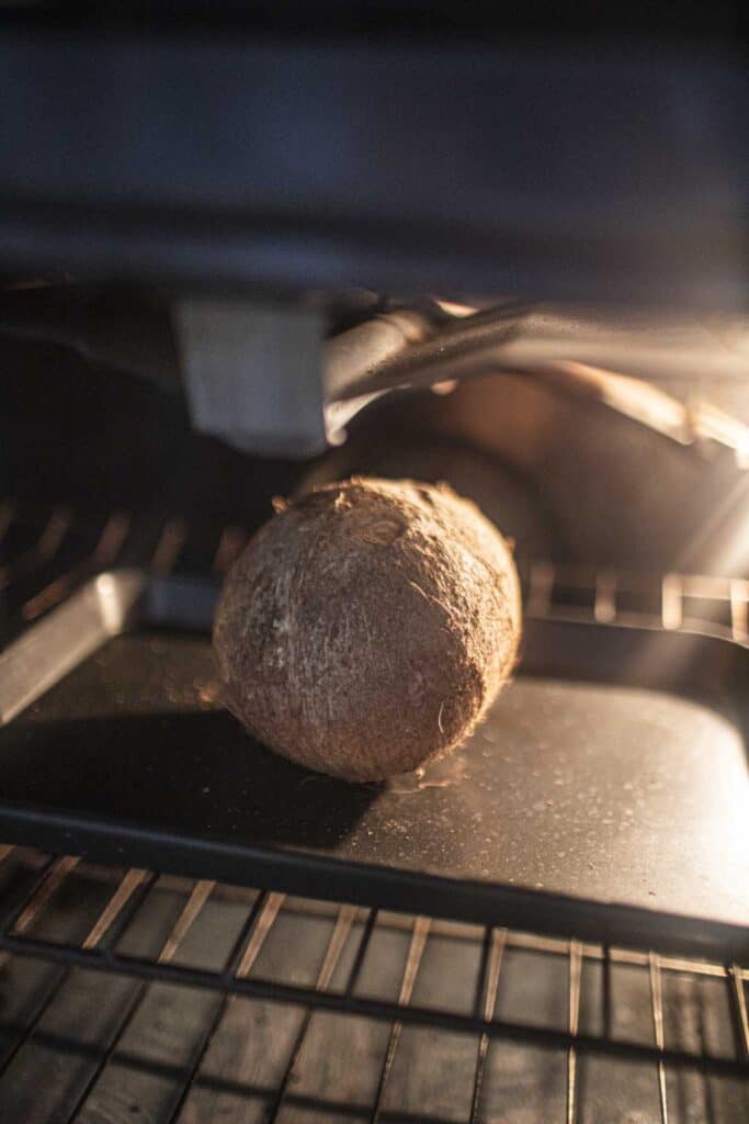 a mature coconut in the oven. 