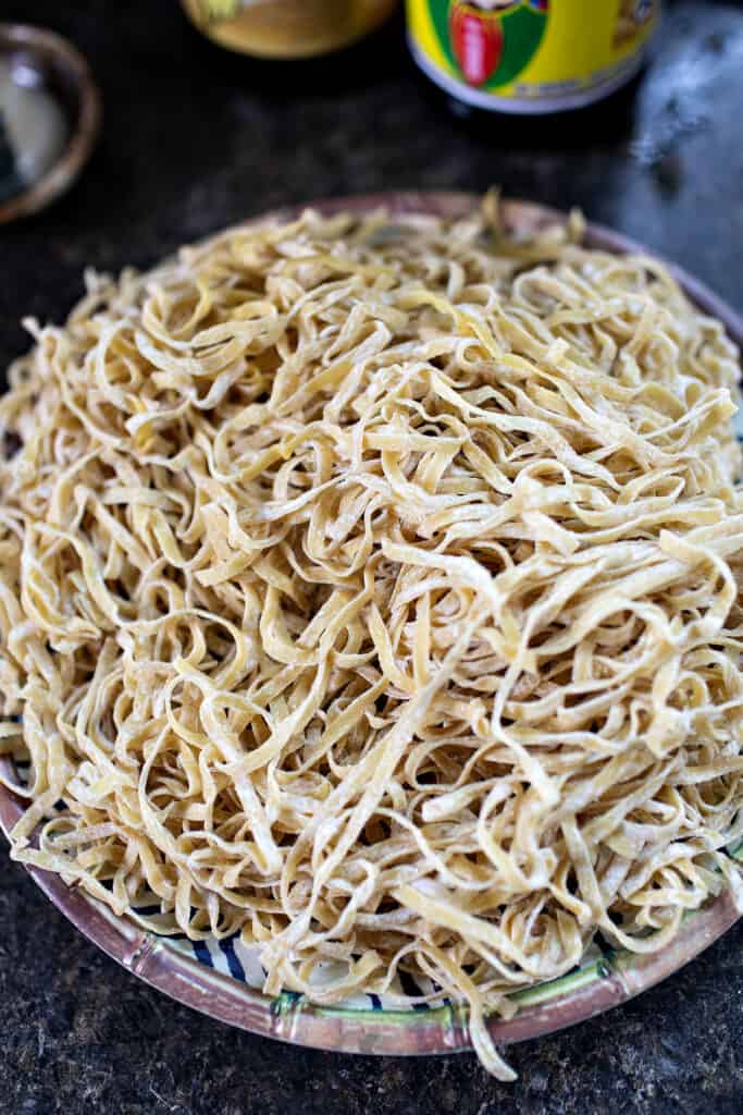 Wonton noodles for Chiang mai noodles on a plate. 