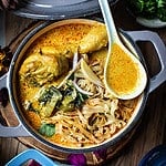 kao soi noodles in a bowl.