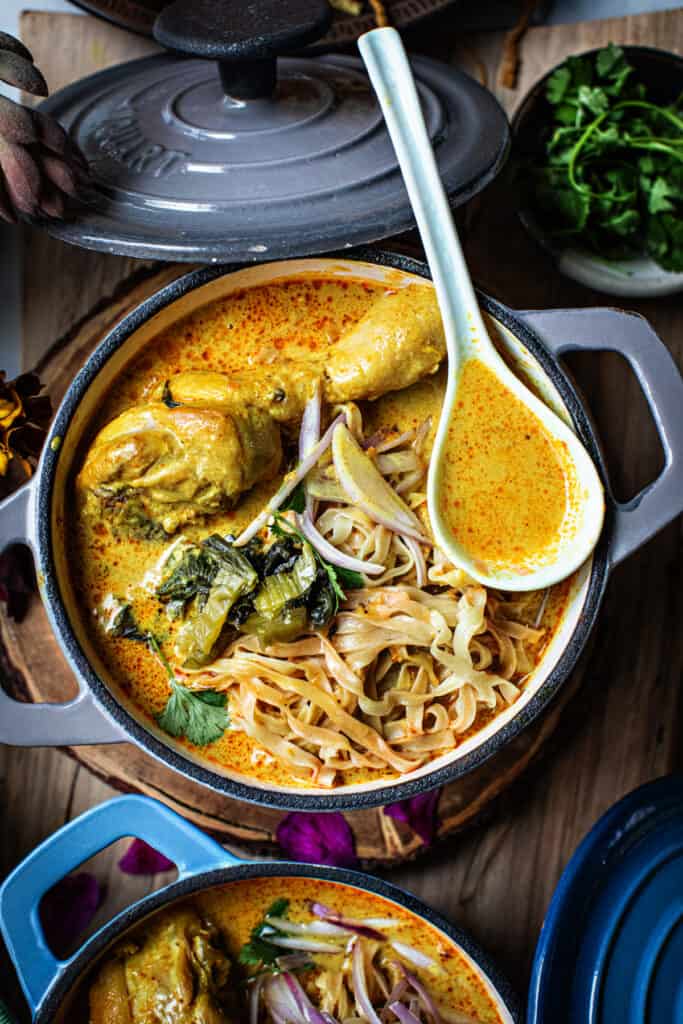 kao soi noodles in a bowl.