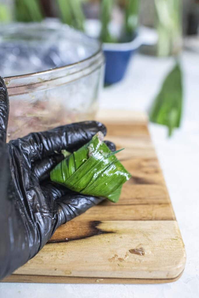 Hand holding pandan leaves wrapped chicken.