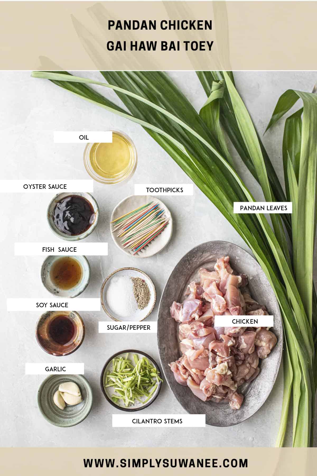 Ingredients for thai pandan chicken  on a table. 