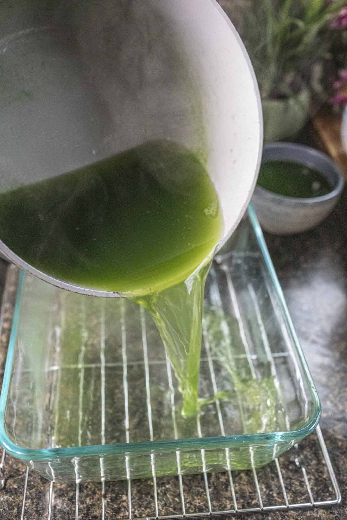 Pandan water pouring into a glass bowl. 