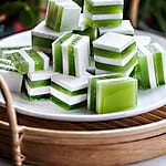 Pandan jelly cubes on a plate.