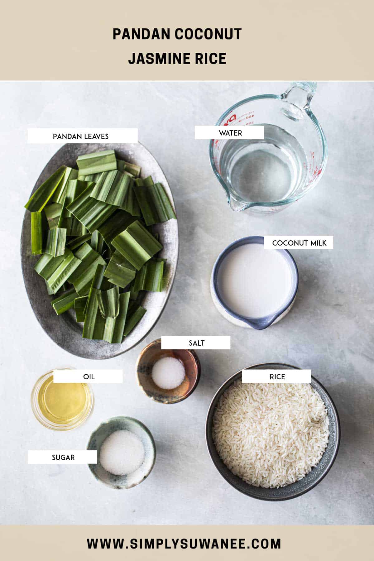 Ingredients for pandan rice on the table. 