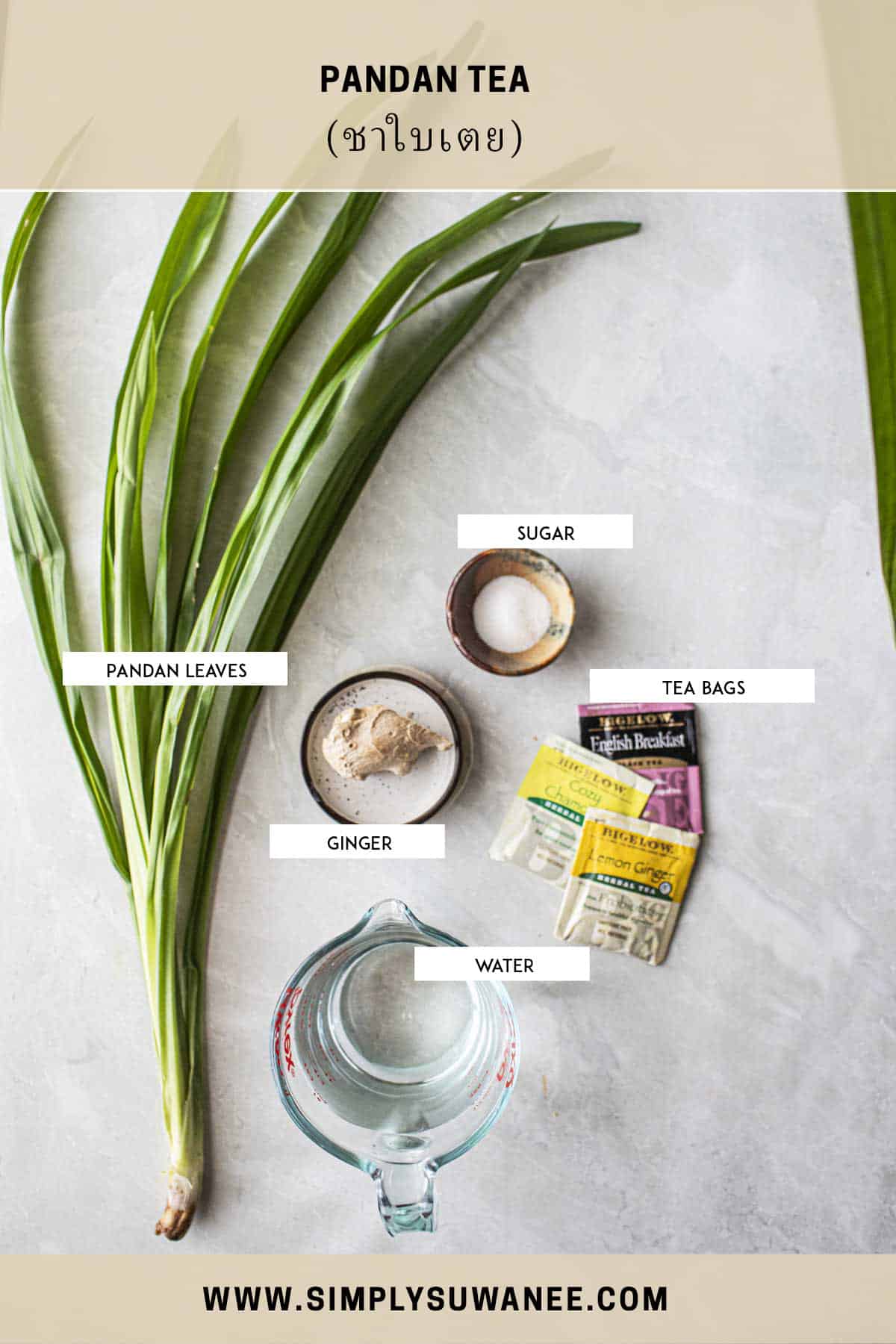 Pandan tea ingredients on a table. 