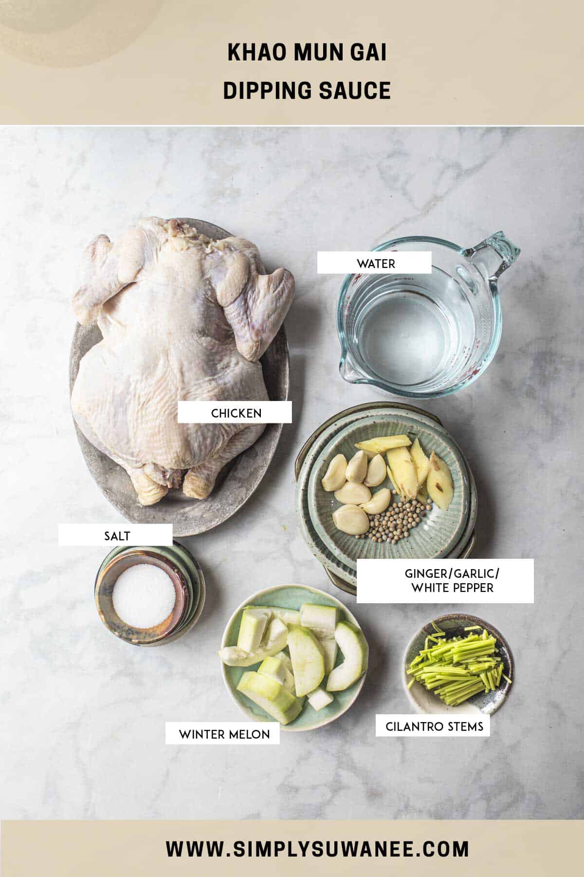 Ingredients for kao mun gai on a table. 