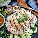 Thai chicken Rice Khao Mun Gai on a plate.