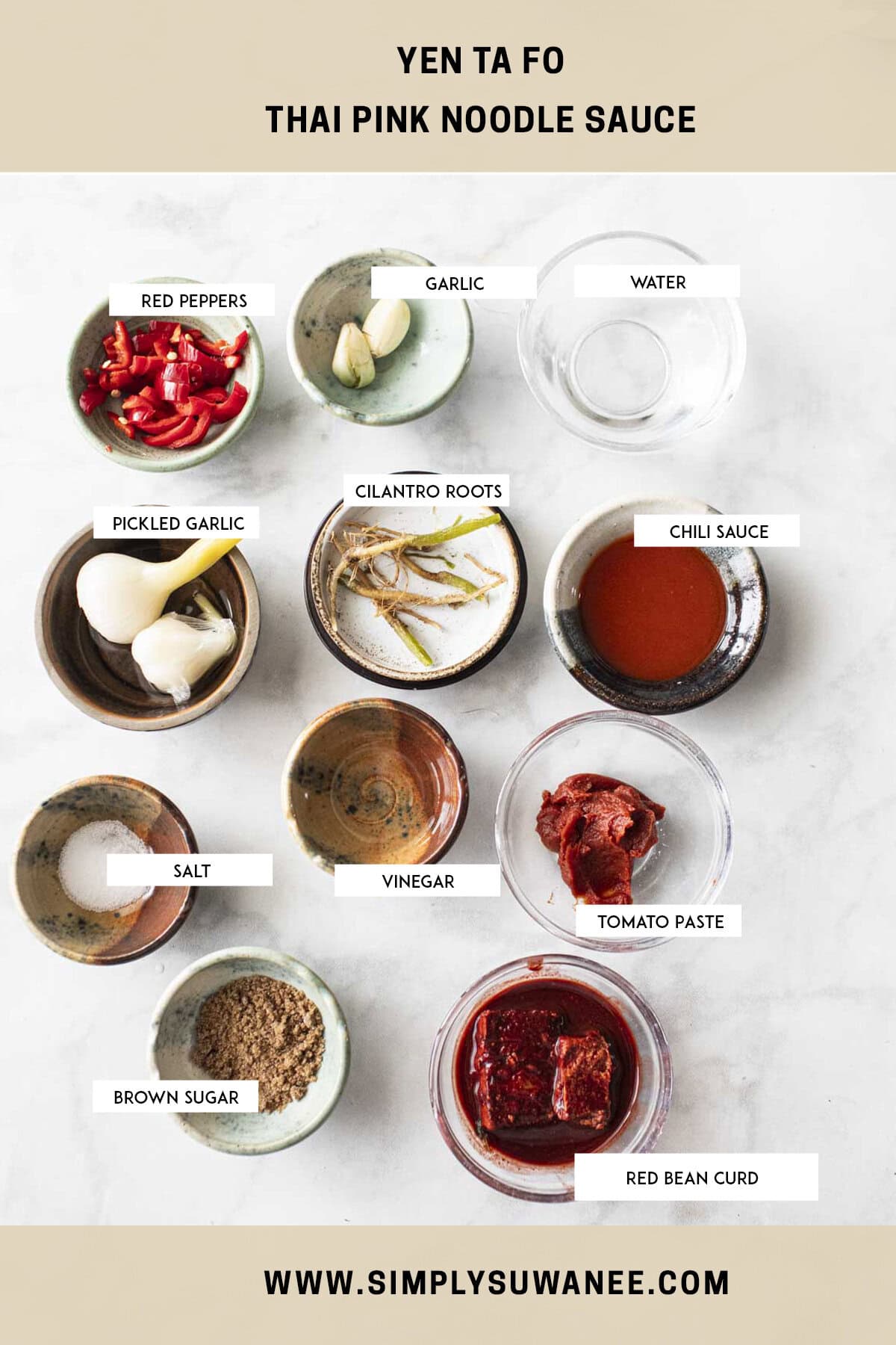 Labeled Yen Ta Fo sauce ingredients in small bowls on a table.