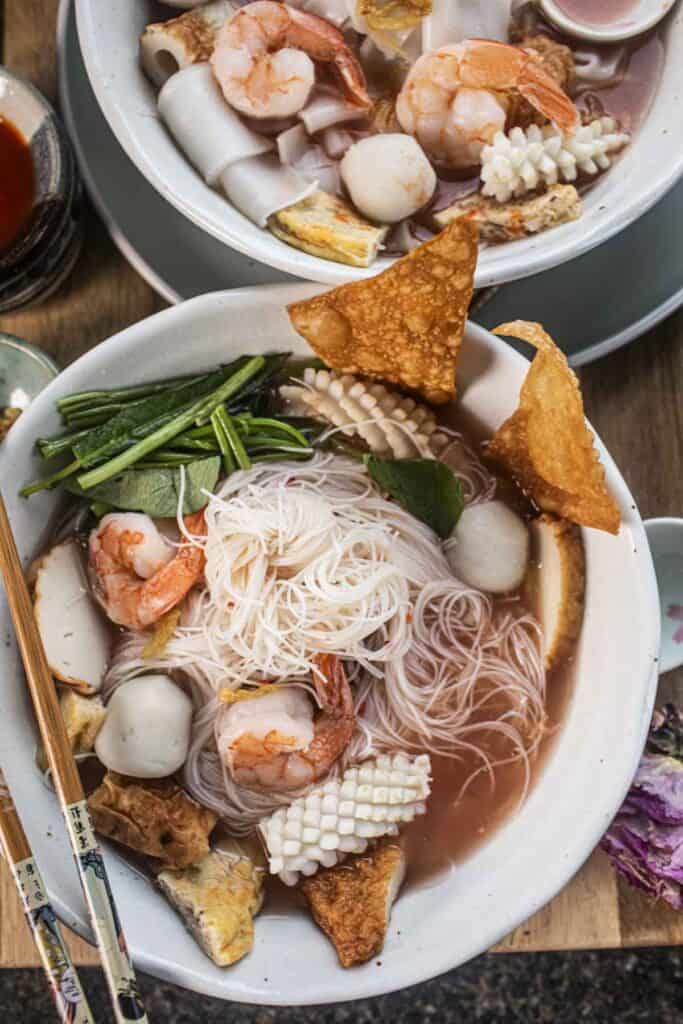 Thai pink soup in a bowl. 