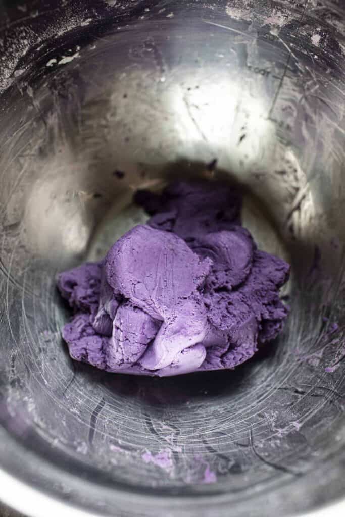 Purple dough in a bowl. 