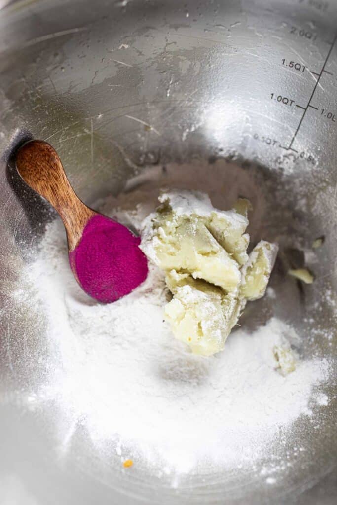 Pink pomegranate powder in mashed potatoes. 