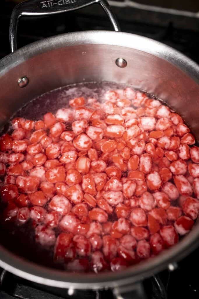 Red water chestnut pearls in a pot. 